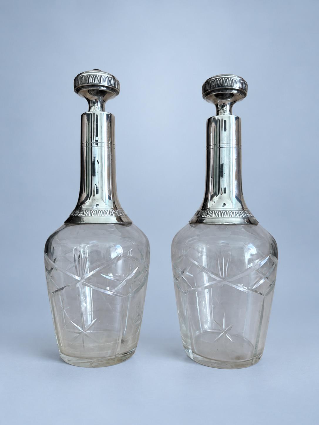 Vintage Pair of Cut Glass Decanters with Silver-Tone Neck Mounts and Stoppers, Star and Palmette Decoration