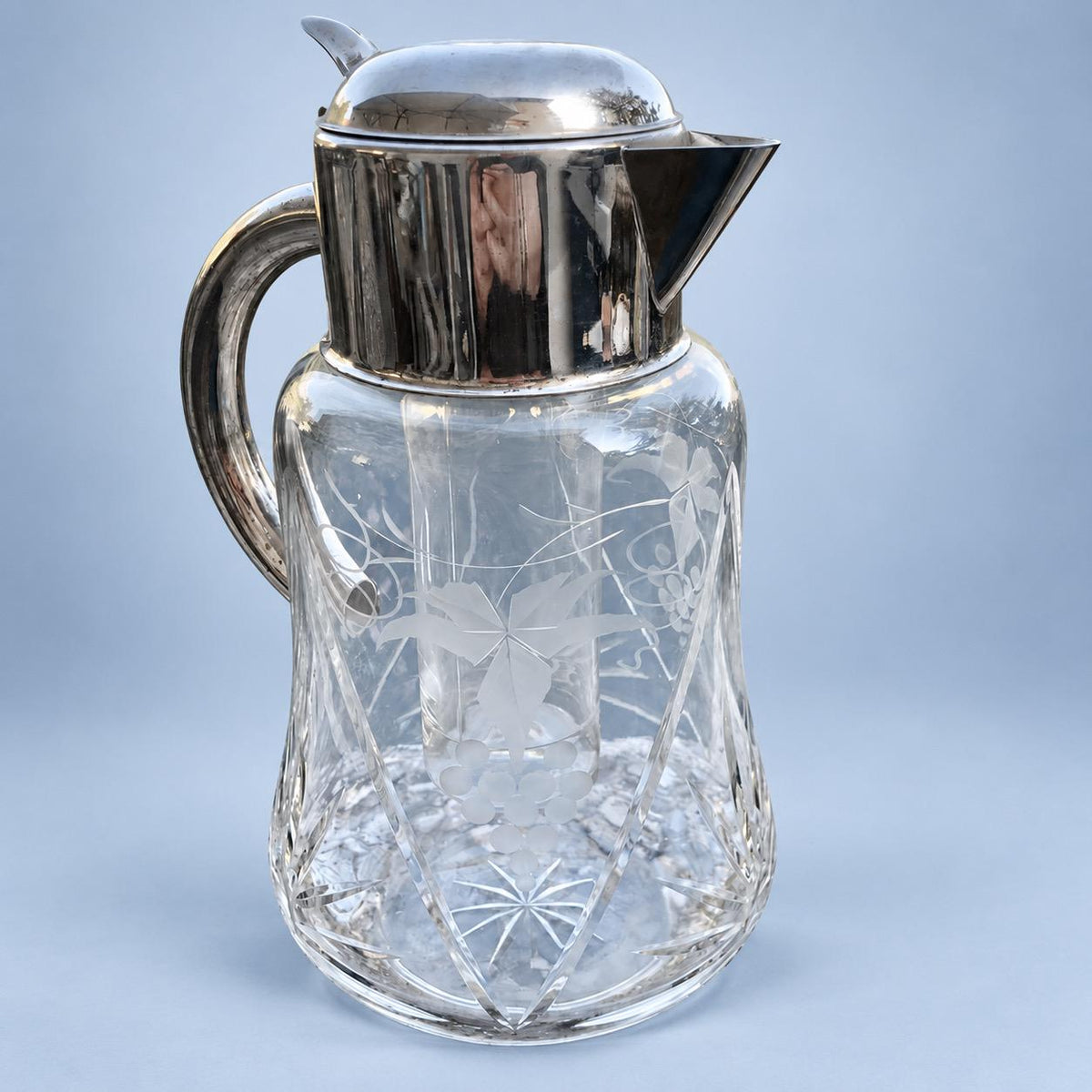 Vintage Ice Core Pitcher, Cut and Engraved Glass with Grape Vine Decoration, Silver-Tone Hinged Lid and Handle