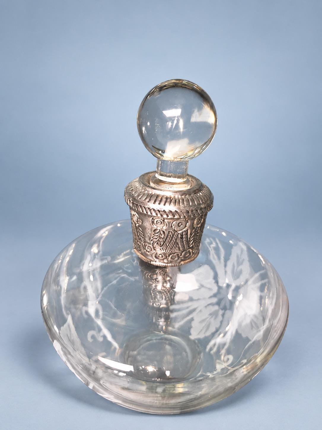 Vintage Etched Glass Decanter with Embossed Silver-Tone Collar and Clear Ball Stopper