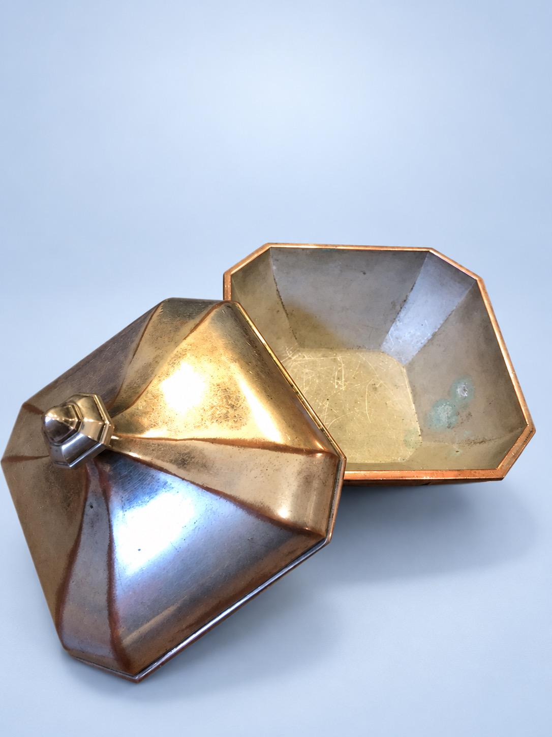 Vintage Art Deco Style Octagonal Lidded Box, Silver-Tone Metal with Domed Faceted Lid and Stepped Finial