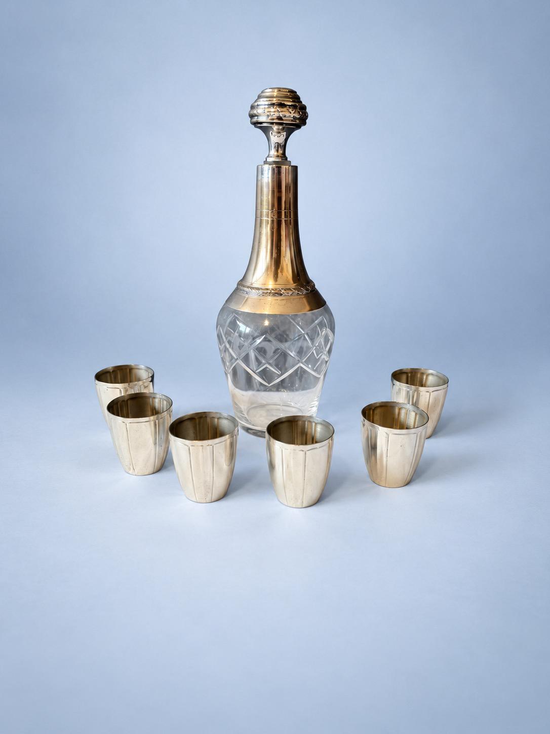 Vintage Liqueur Set, Cut Glass Decanter with Silver-Tone Neck and Stopper, Six Fluted Silver-Tone Beakers