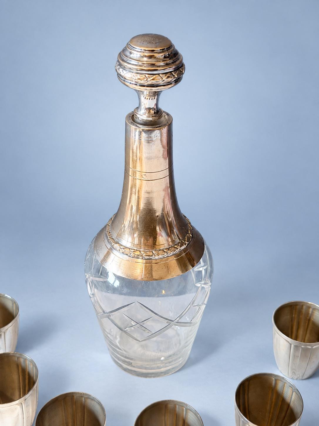 Vintage Liqueur Set, Cut Glass Decanter with Silver-Tone Neck and Stopper, Six Fluted Silver-Tone Beakers