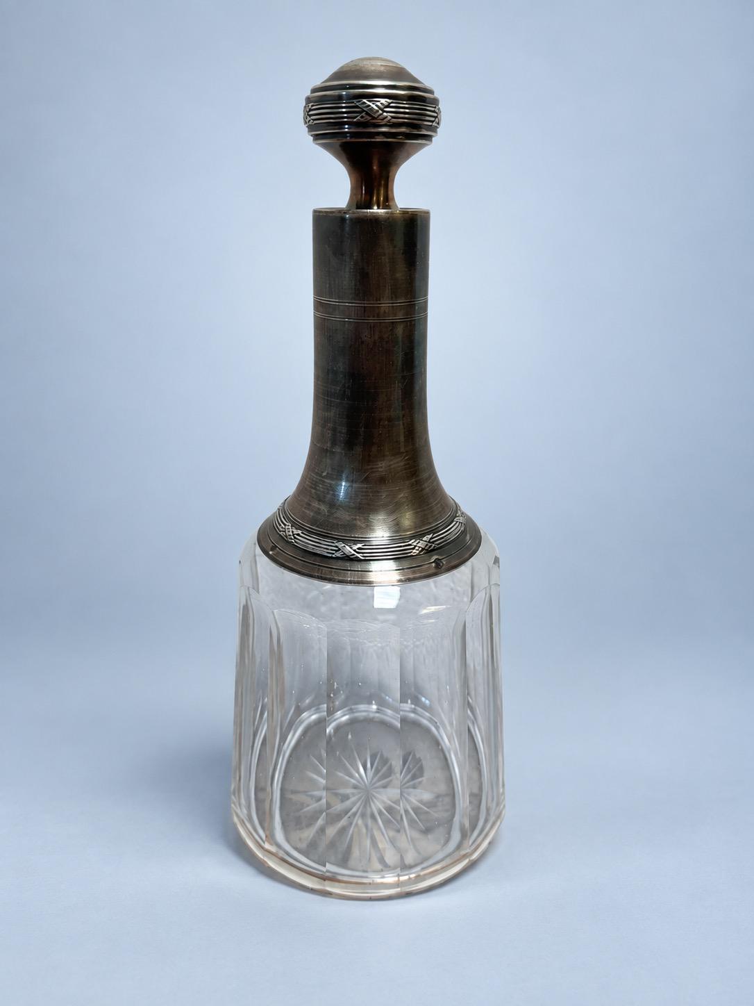 Vintage Louis XVI Style Cut Glass Decanter with Silver-Tone Neck Mount and Ball Stopper, Crossed Ribbon Bands