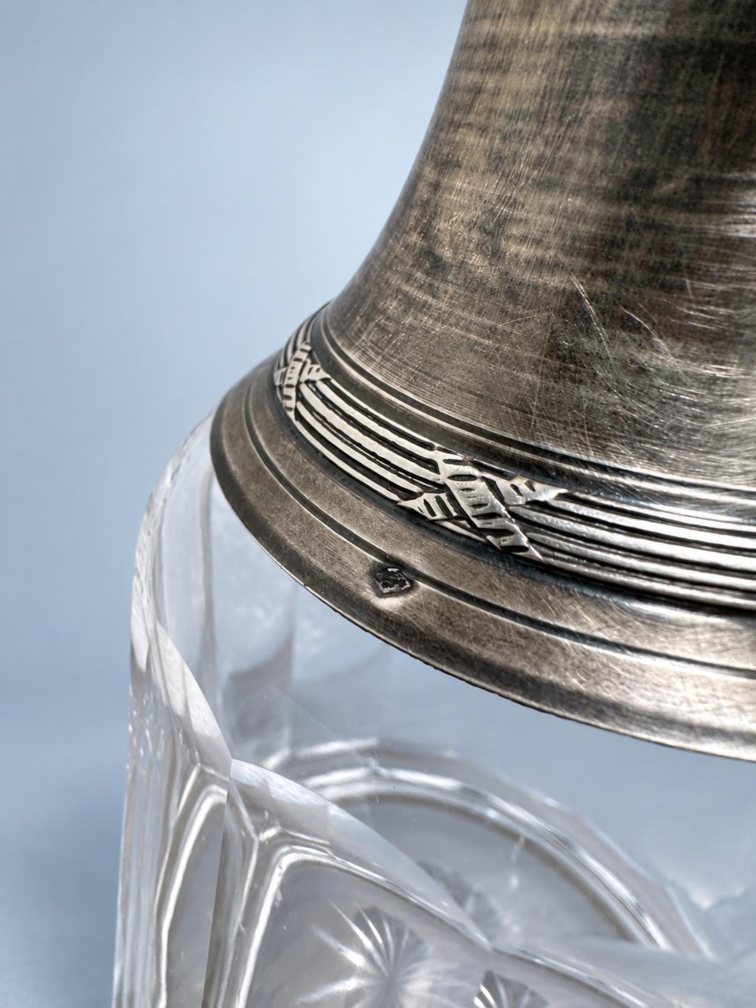 Vintage Louis XVI Style Cut Glass Decanter with Silver-Tone Neck Mount and Ball Stopper, Crossed Ribbon Bands
