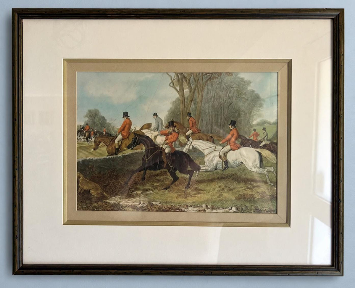Vintage Framed Equestrian Hunt Print, Riders and Deer in Woodland, Cream Mat and Dark Frame, 48 x 39 cm