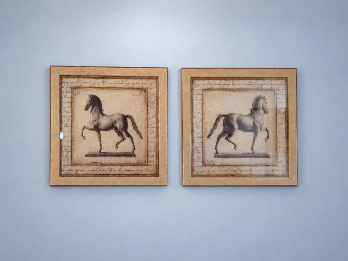 Pair of Large Framed Horse Prints, Opposite Facing Equestrian Images with Script Borders and Beige Frames, 81 x 81 cm