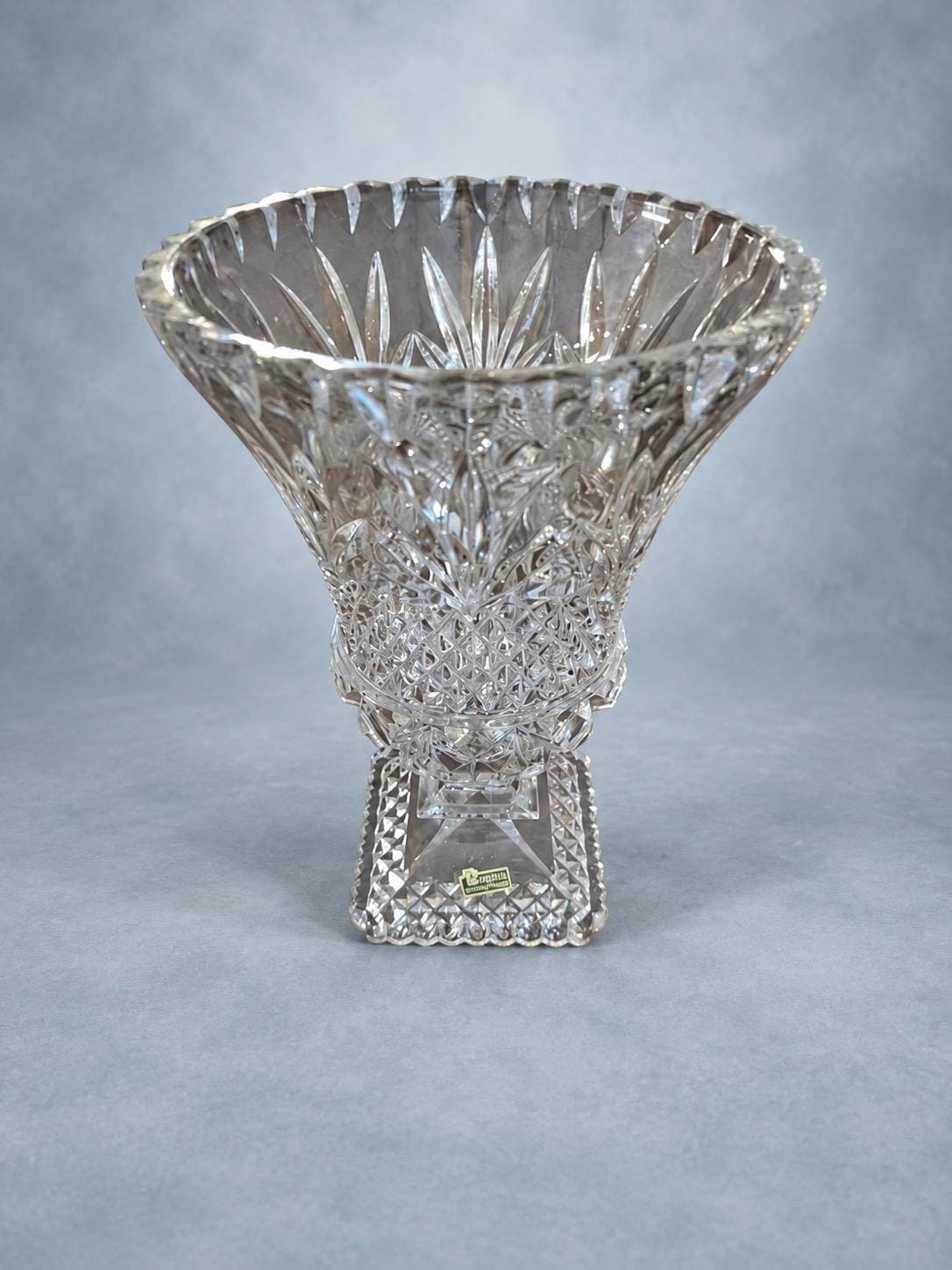Vintage Large Cut Glass Trumpet Vase on Square Pedestal Foot, Fan and Diamond Cut Pattern