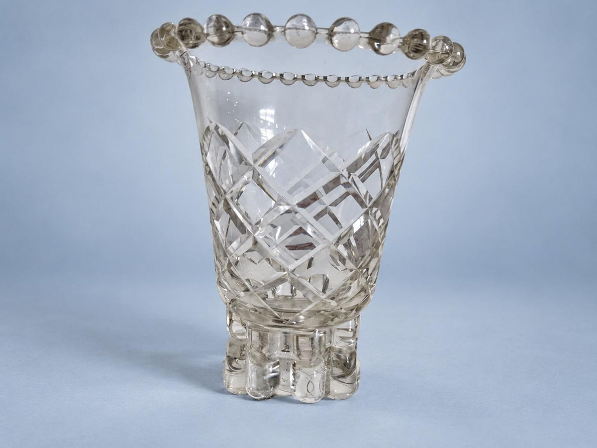 Vintage Clear Cut Crystal Vase with Beaded Scalloped Rim, Crosscut Geometric Trumpet Shape and Faceted Base, 19.5 cm