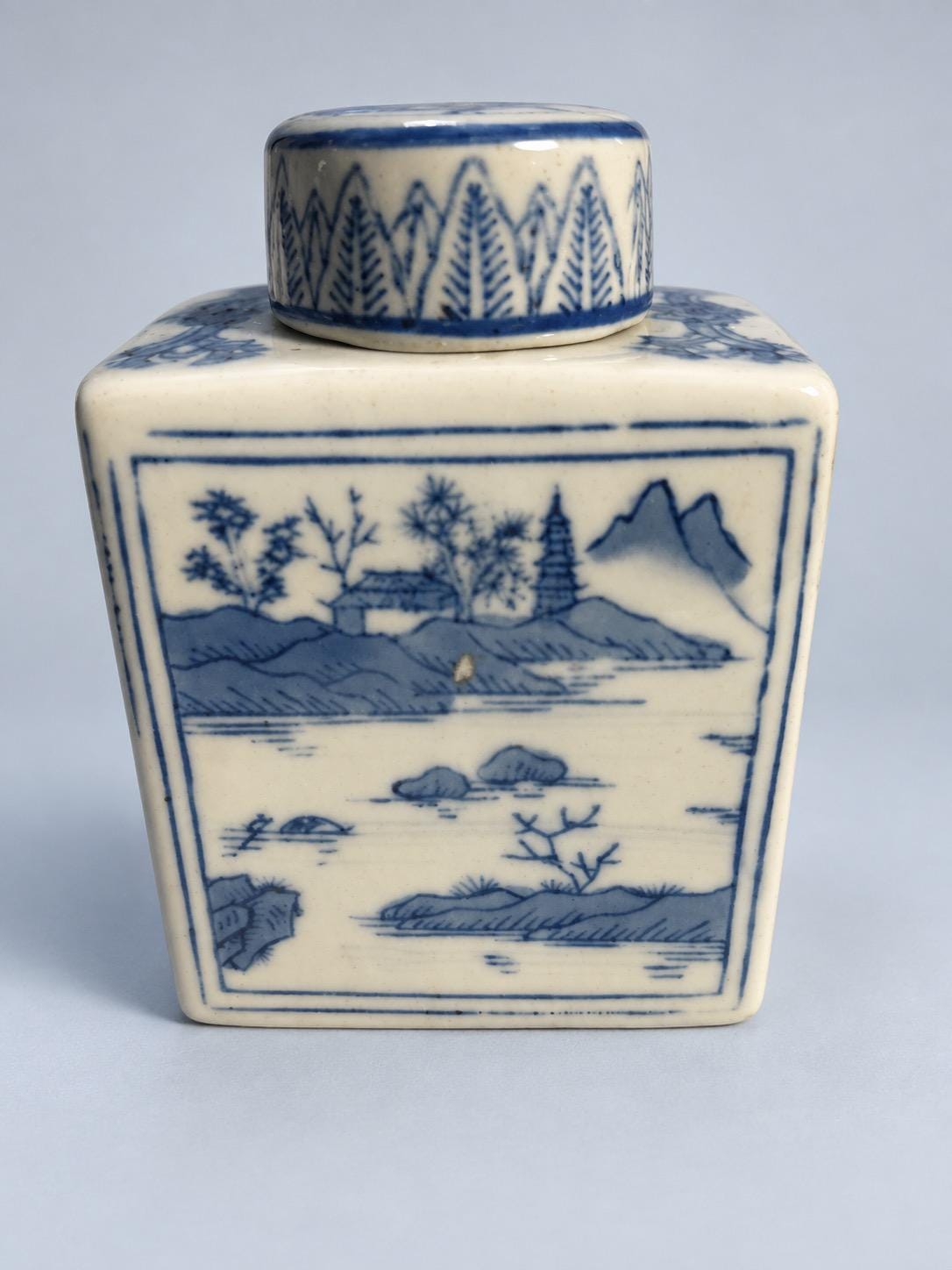 Vintage Small Blue and White Glazed Ceramic Lidded Pot, Chinoiserie Style Landscape Decoration