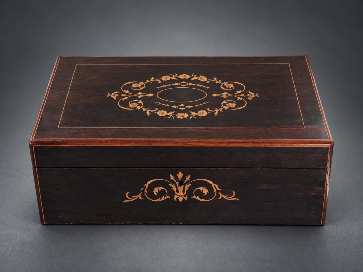 Antique French Marquetry Wood Toilette Box, Napoleon III Style, Locking Correspondence Box — France, Late 19th Century