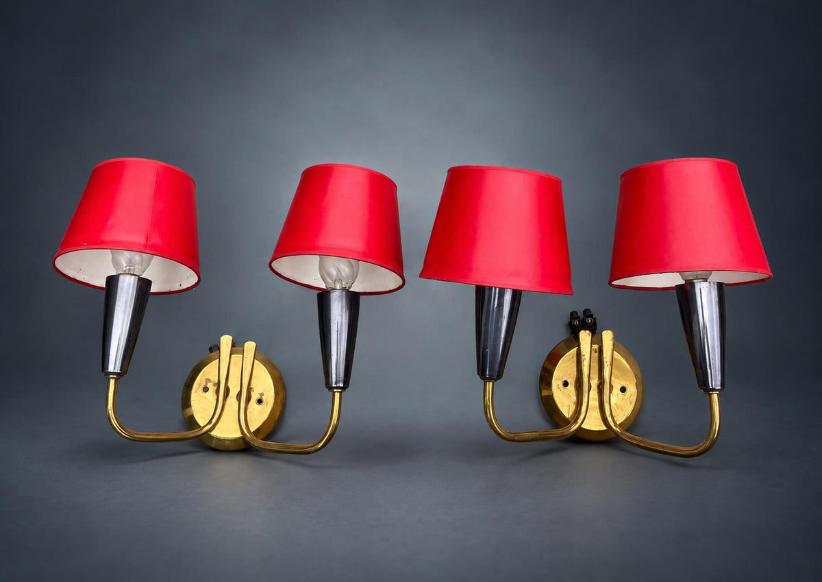 Pair of French Brass Wall Sconces, Two-Arm with Red Shades — France, Mid-20th Century