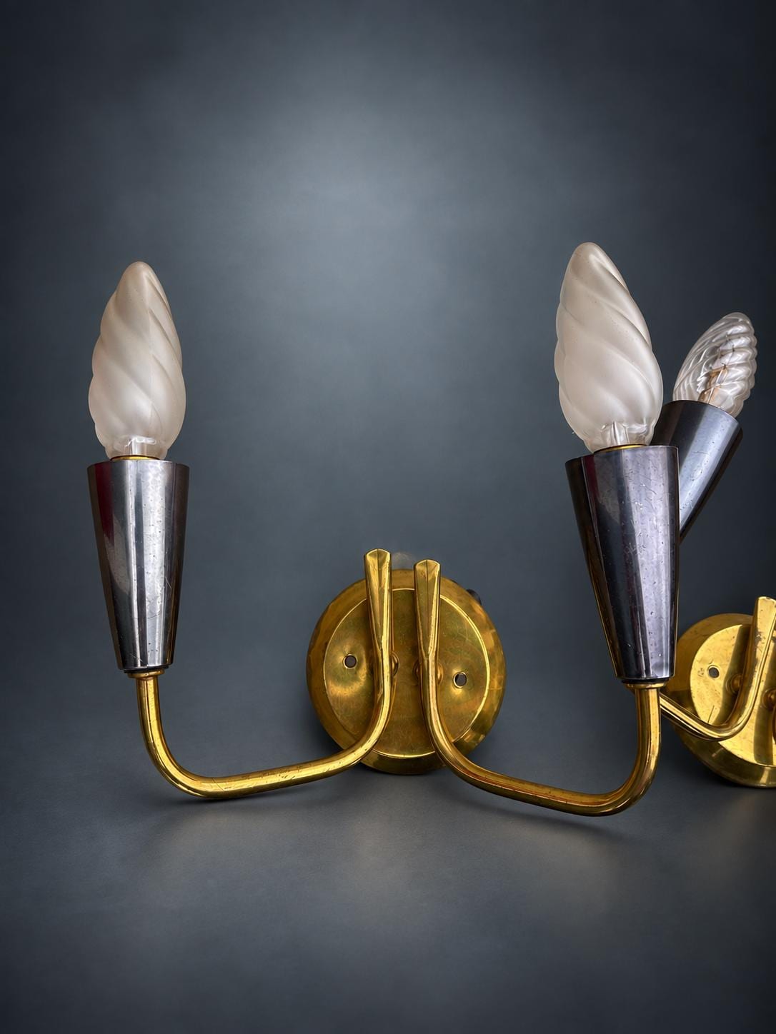 Pair of French Brass Wall Sconces, Two-Arm with Red Shades — France, Mid-20th Century