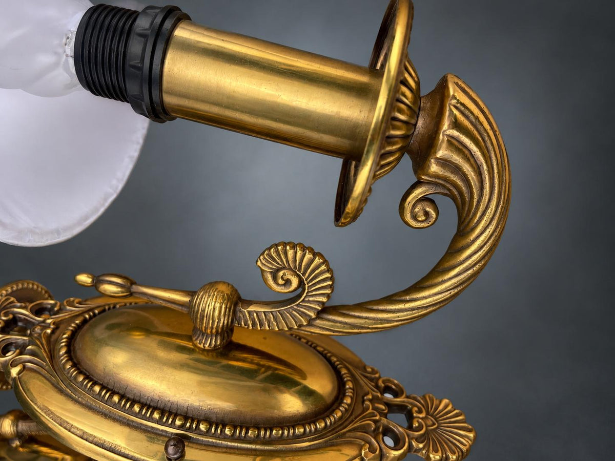 Pair of Antique French Brass Single-Arm Wall Sconces, Oval Backplate — France, Early 20th Century