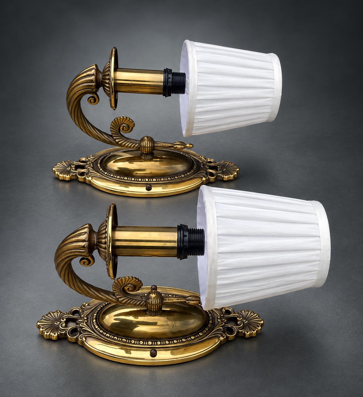 Pair of Antique French Brass Single-Arm Wall Sconces, Oval Backplate — France, Early 20th Century
