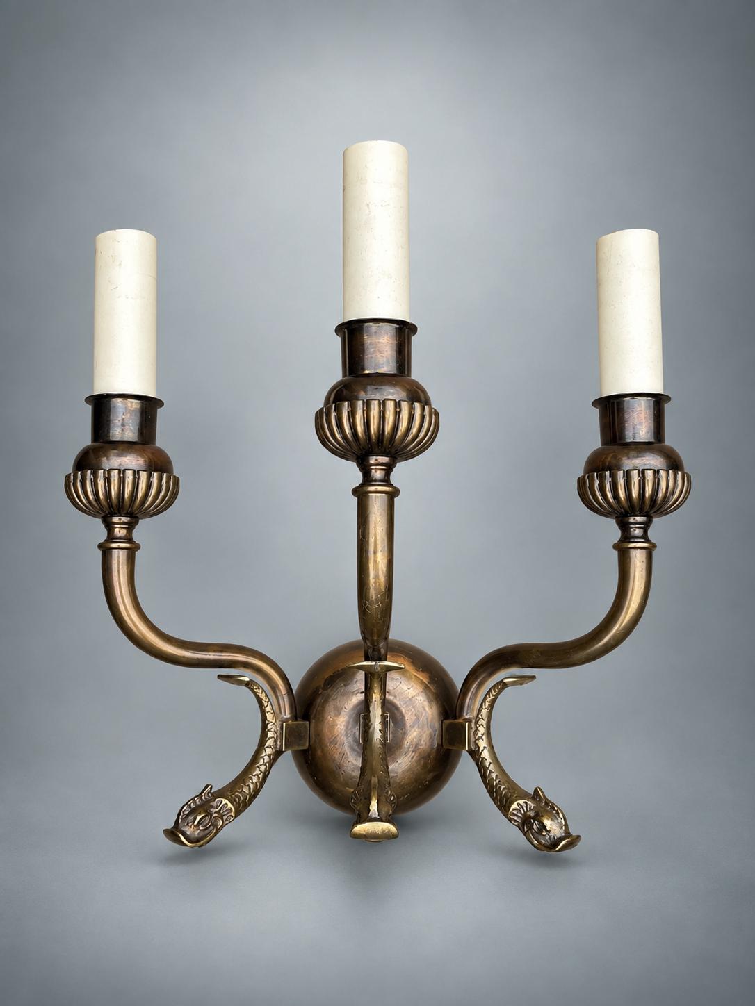 Pair of Antique Patinated Brass Wall Sconces, Dolphin Backplate Two-Arm — France, 19th Century