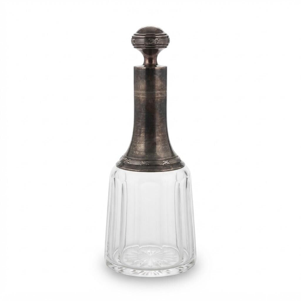 Vintage Louis XVI Style Cut Glass Decanter with Silver-Tone Neck Mount and Ball Stopper, Crossed Ribbon Bands