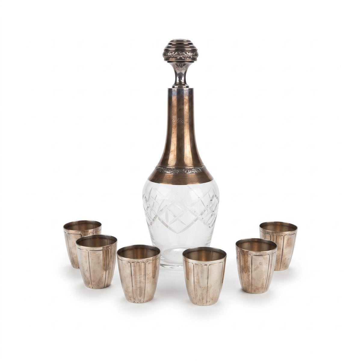Vintage Liqueur Set, Cut Glass Decanter with Silver-Tone Neck and Stopper, Six Fluted Silver-Tone Beakers