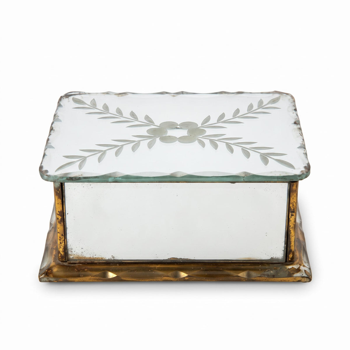 Vintage Art Deco Mirrored Glass Jewelry Box, Bevelled Edges and Engraved Leaf Spray Lid, 1930s
