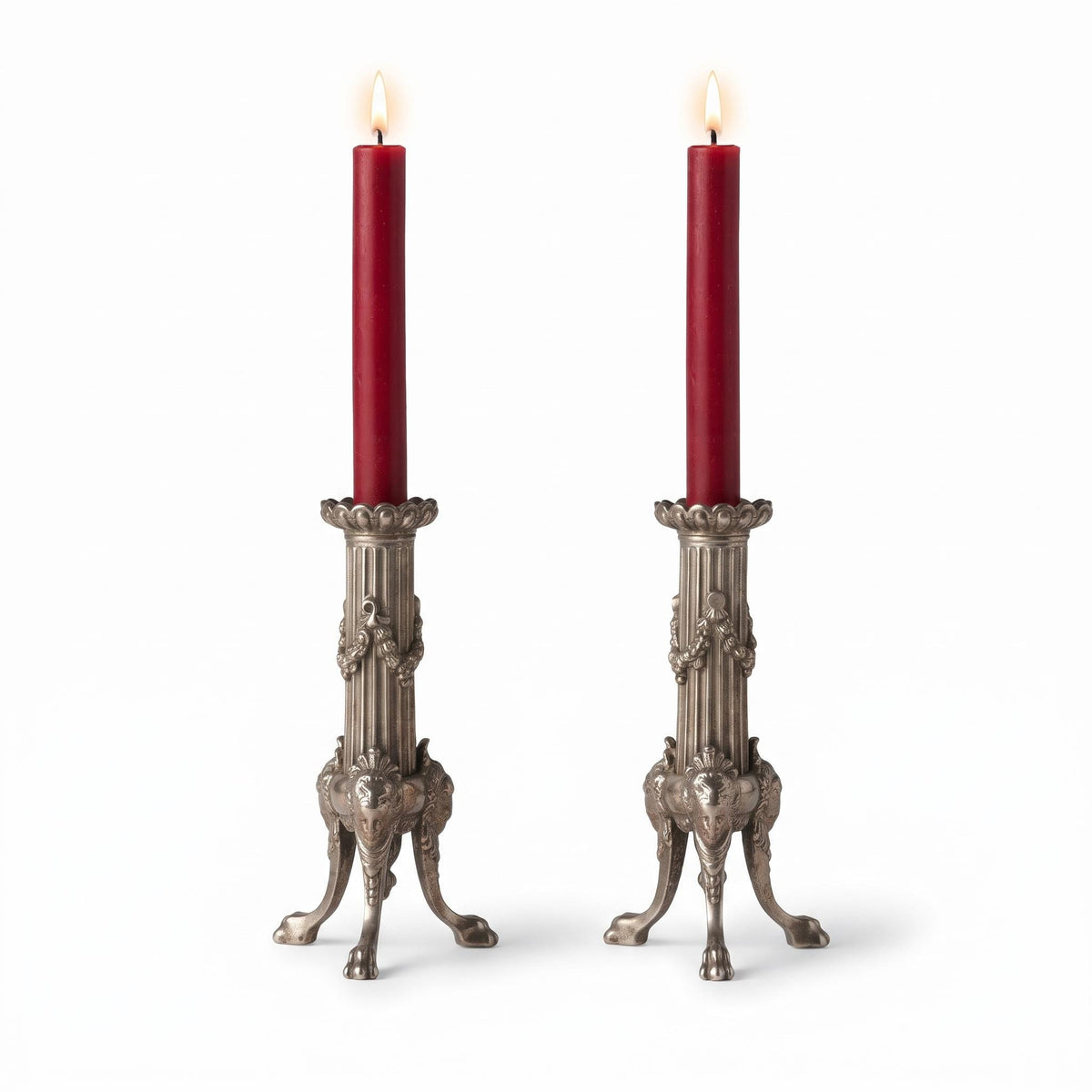 Vintage Pair of Empire Style Silver-Tone Tripod Candlesticks, Fluted Columns, Lion Paw Feet and Classical Heads