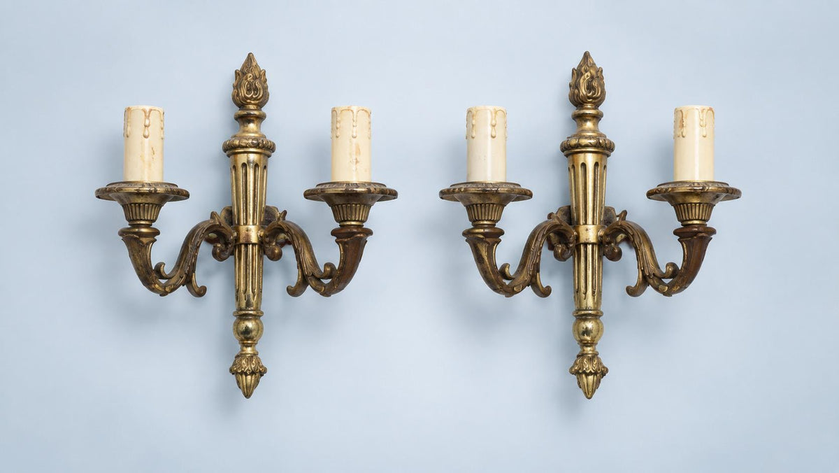 Vintage Pair of Louis XVI Style Two-Arm Wall Sconces, Patinated Brass-Tone Metal with Torch Back Plates and Acanthus Arms