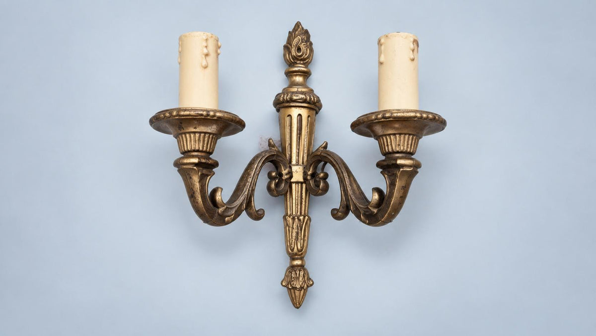 Vintage Pair of Louis XVI Style Two-Arm Wall Sconces, Patinated Brass-Tone Metal with Torch Back Plates and Acanthus Arms