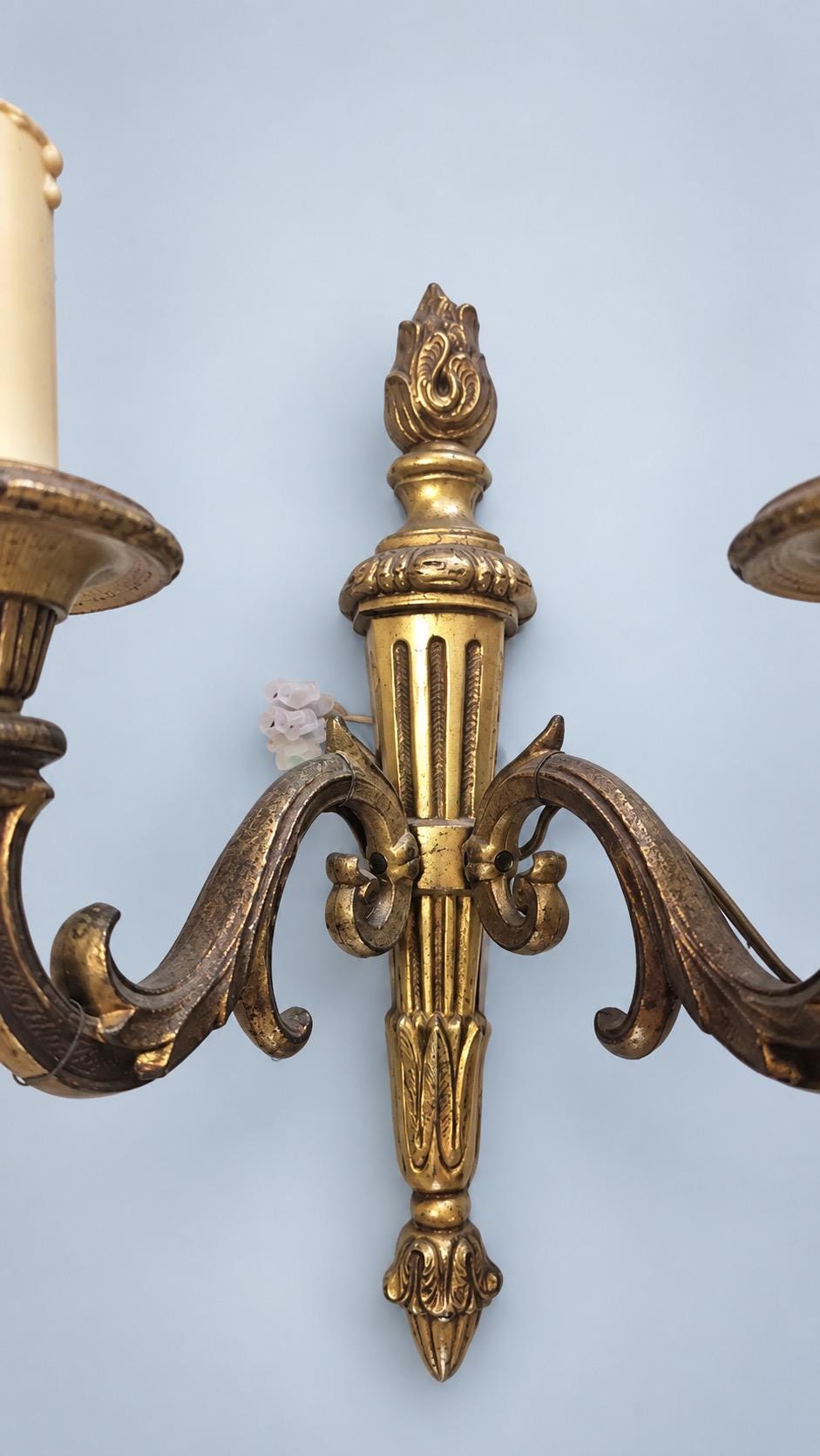 Vintage Pair of Louis XVI Style Two-Arm Wall Sconces, Patinated Brass-Tone Metal with Torch Back Plates and Acanthus Arms