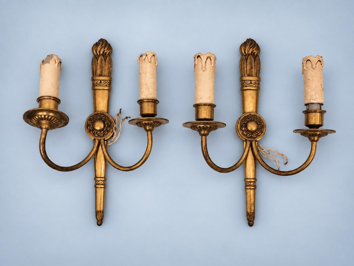 Vintage Pair of Louis XVI Style Gilt Metal Two-Arm Wall Sconces, Torch Back Plates with Rosettes and Swan-Neck Arms