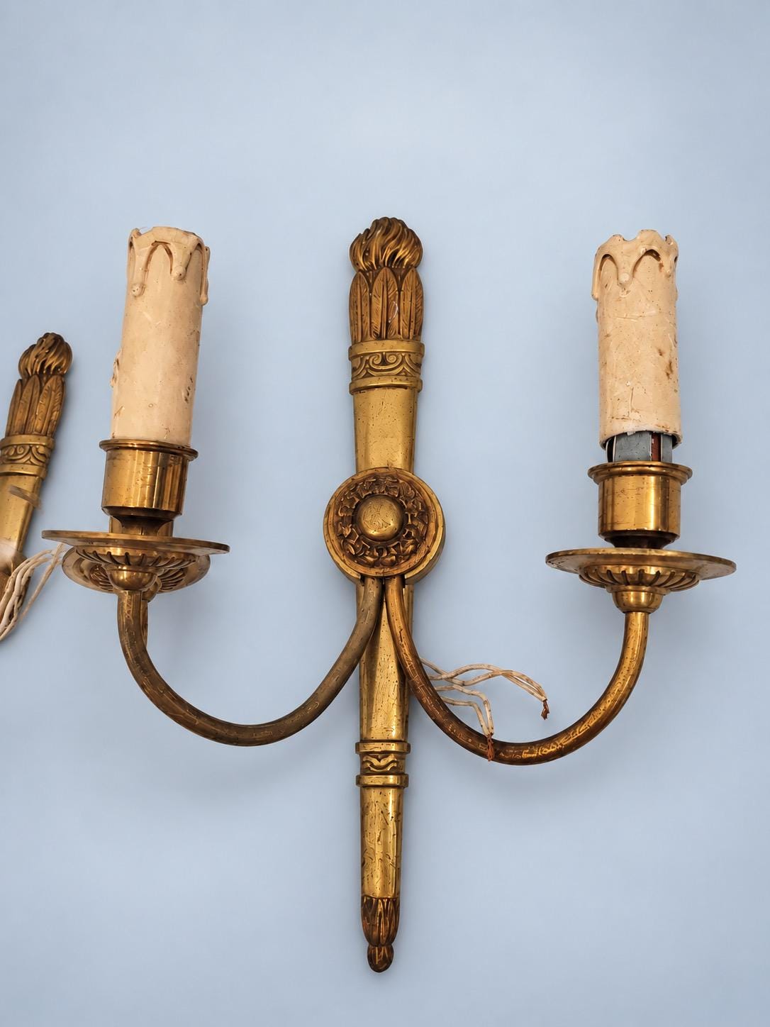 Vintage Pair of Louis XVI Style Gilt Metal Two-Arm Wall Sconces, Torch Back Plates with Rosettes and Swan-Neck Arms