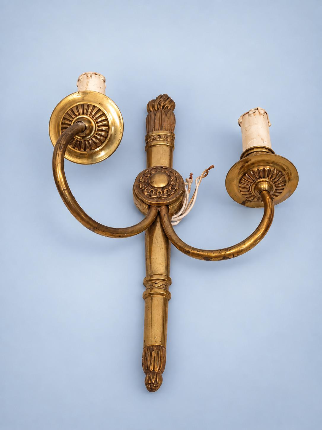 Vintage Pair of Louis XVI Style Gilt Metal Two-Arm Wall Sconces, Torch Back Plates with Rosettes and Swan-Neck Arms