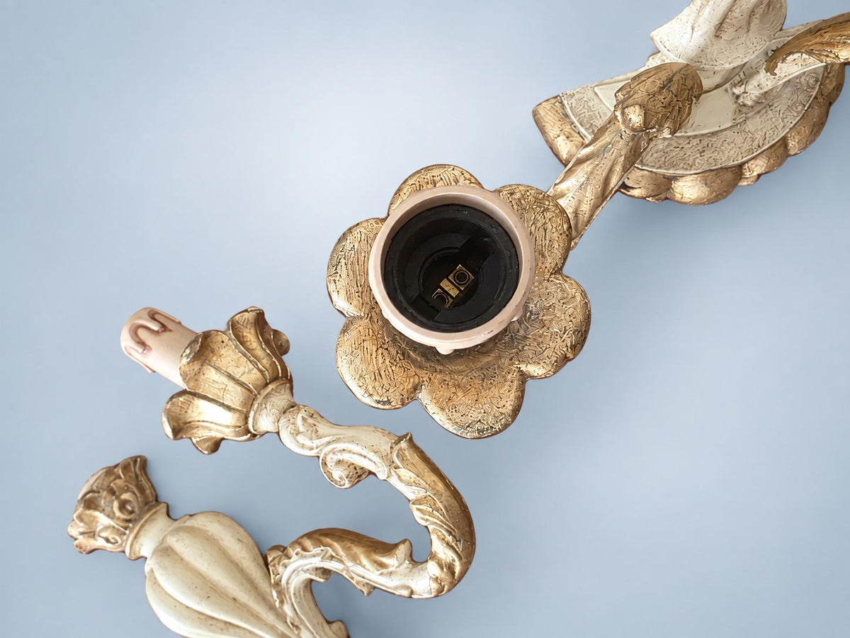 Vintage Pair of Classic Style Wooden Wall Sconces in Beige with Gold-Tone Finish