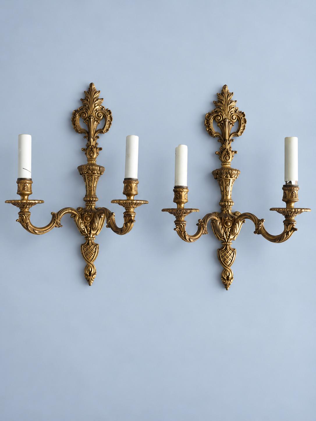 Vintage Pair of Louis XV Style Gilt Metal Two-Arm Wall Sconces with Acanthus Crest