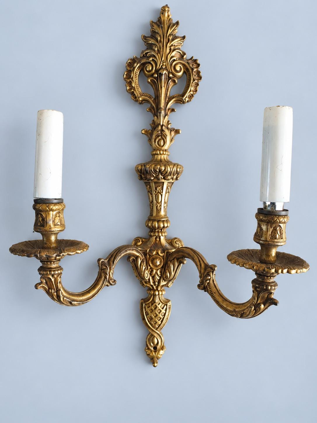 Vintage Pair of Louis XV Style Gilt Metal Two-Arm Wall Sconces with Acanthus Crest