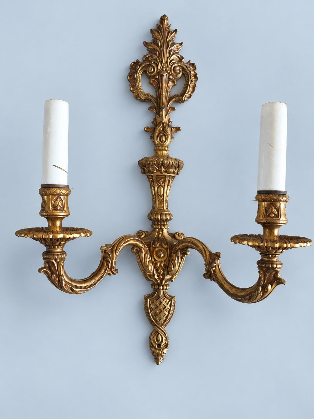 Vintage Pair of Louis XV Style Gilt Metal Two-Arm Wall Sconces with Acanthus Crest