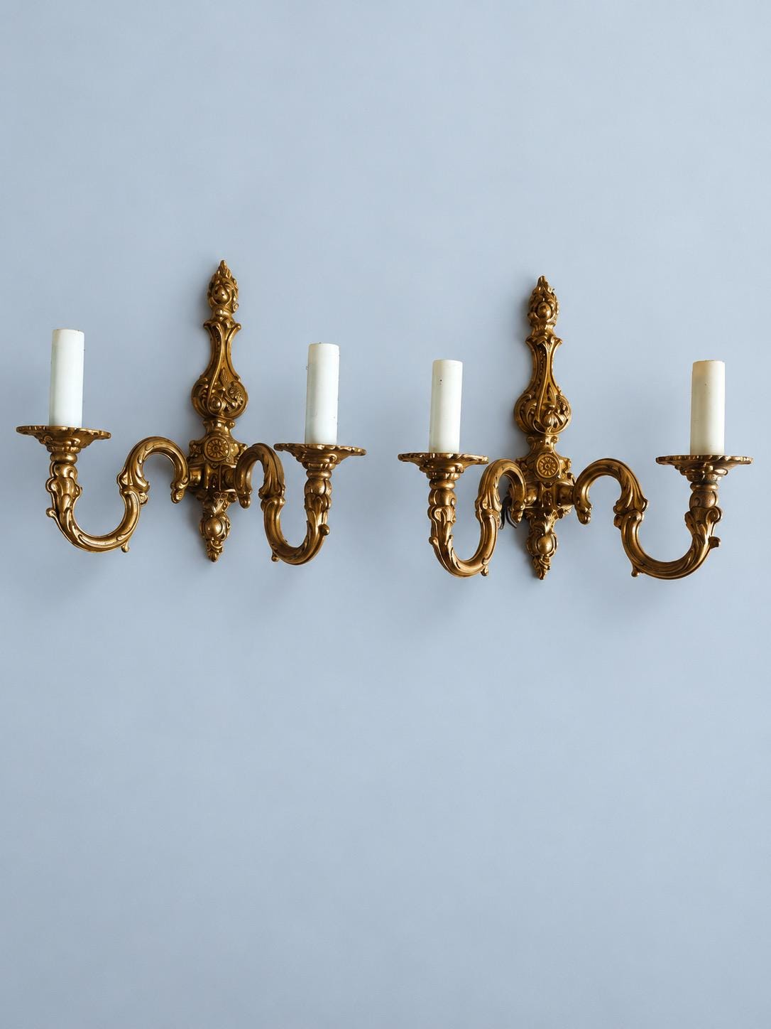 Vintage Pair of Small Louis XV Style Gilt Metal Two-Arm Wall Sconces with Scrolled Arms