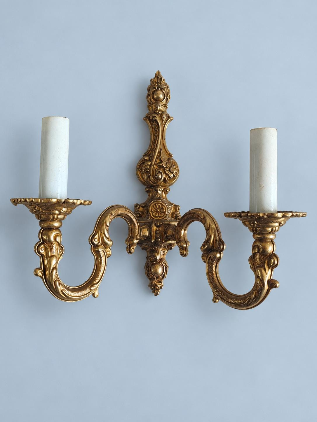 Vintage Pair of Small Louis XV Style Gilt Metal Two-Arm Wall Sconces with Scrolled Arms