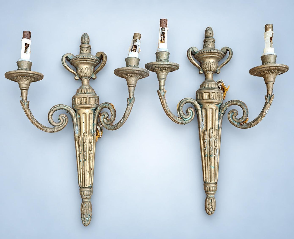 Antique Pair of Large Transition Style Bronze-Tone Two-Arm Wall Sconces with Urn Crest