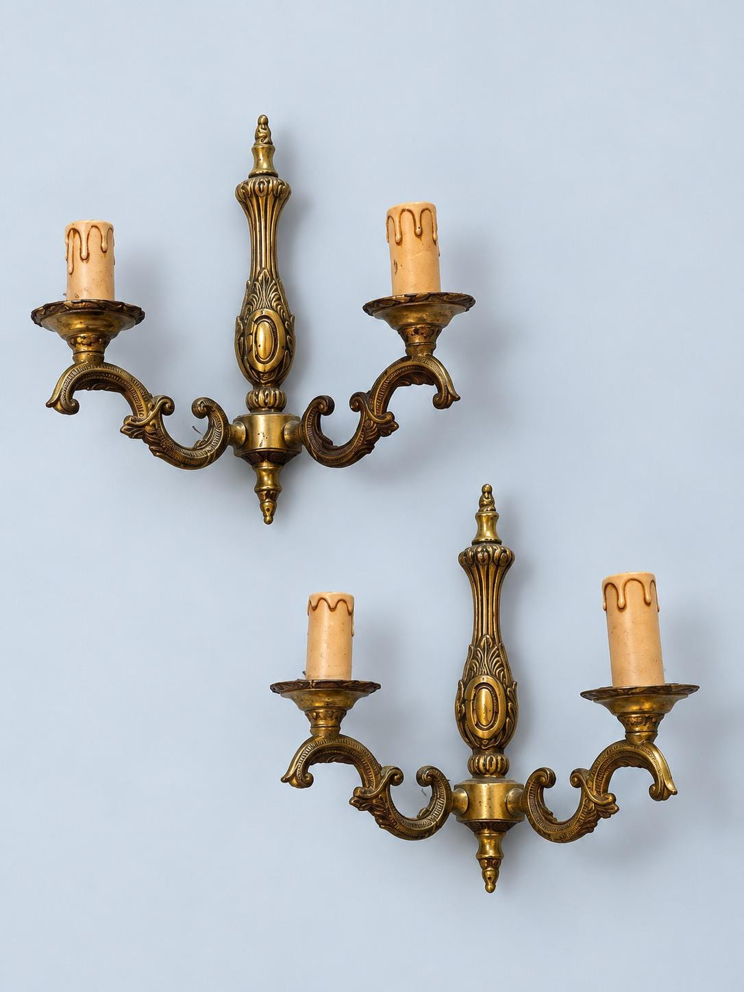 Vintage Pair of Louis XV Style Gilt Metal Two-Arm Wall Sconces with Cartouche Stem