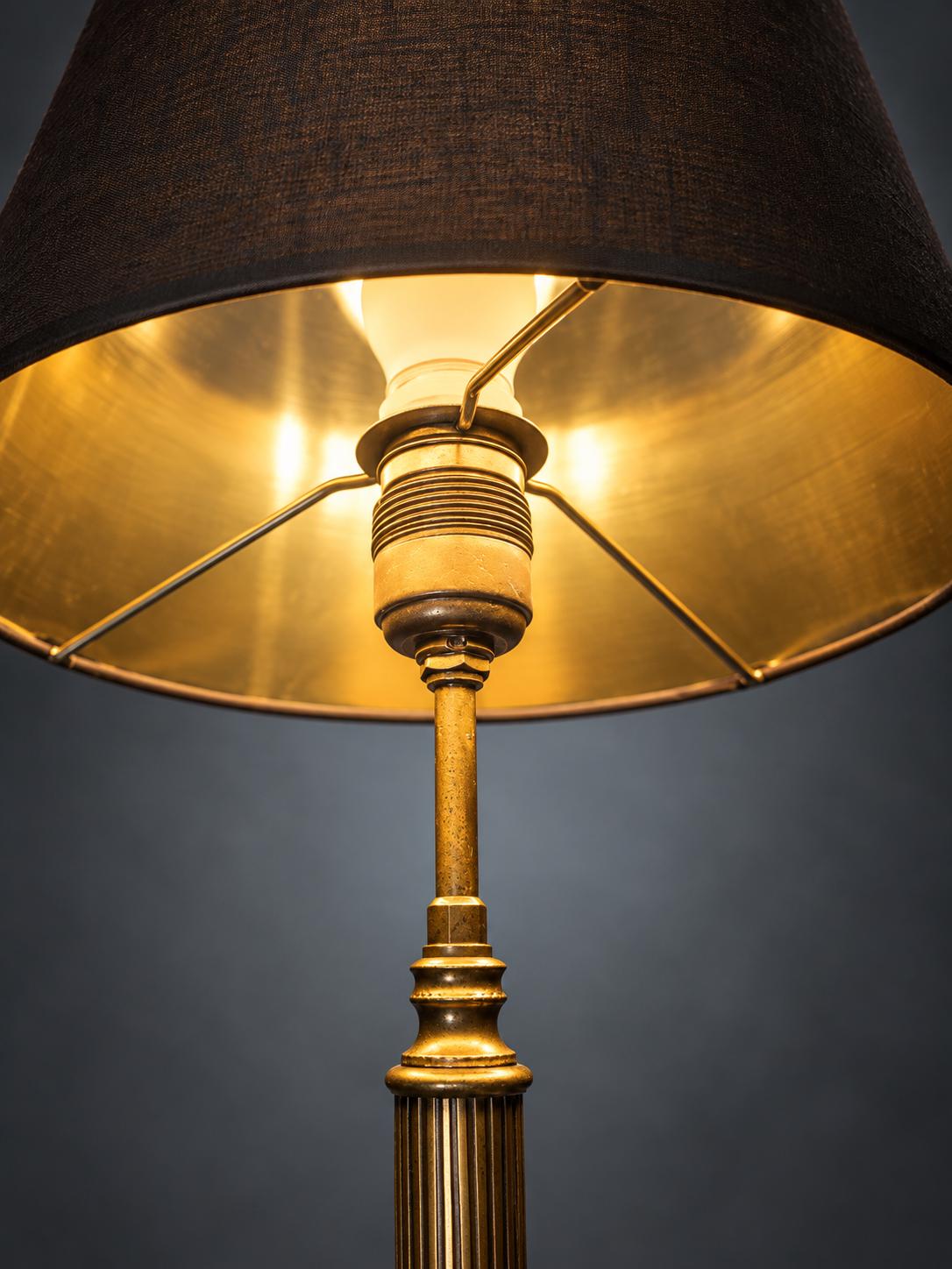Fluted Gilt Metal Column Table Lamp on Dark Marble Base with Brown Fabric Shade