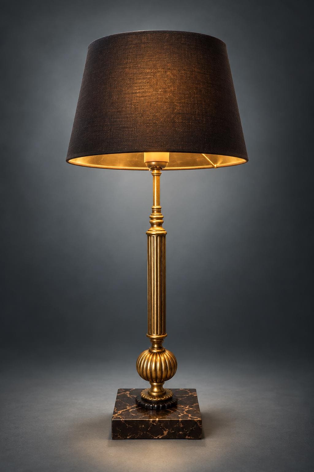 Fluted Gilt Metal Column Table Lamp on Dark Marble Base with Brown Fabric Shade