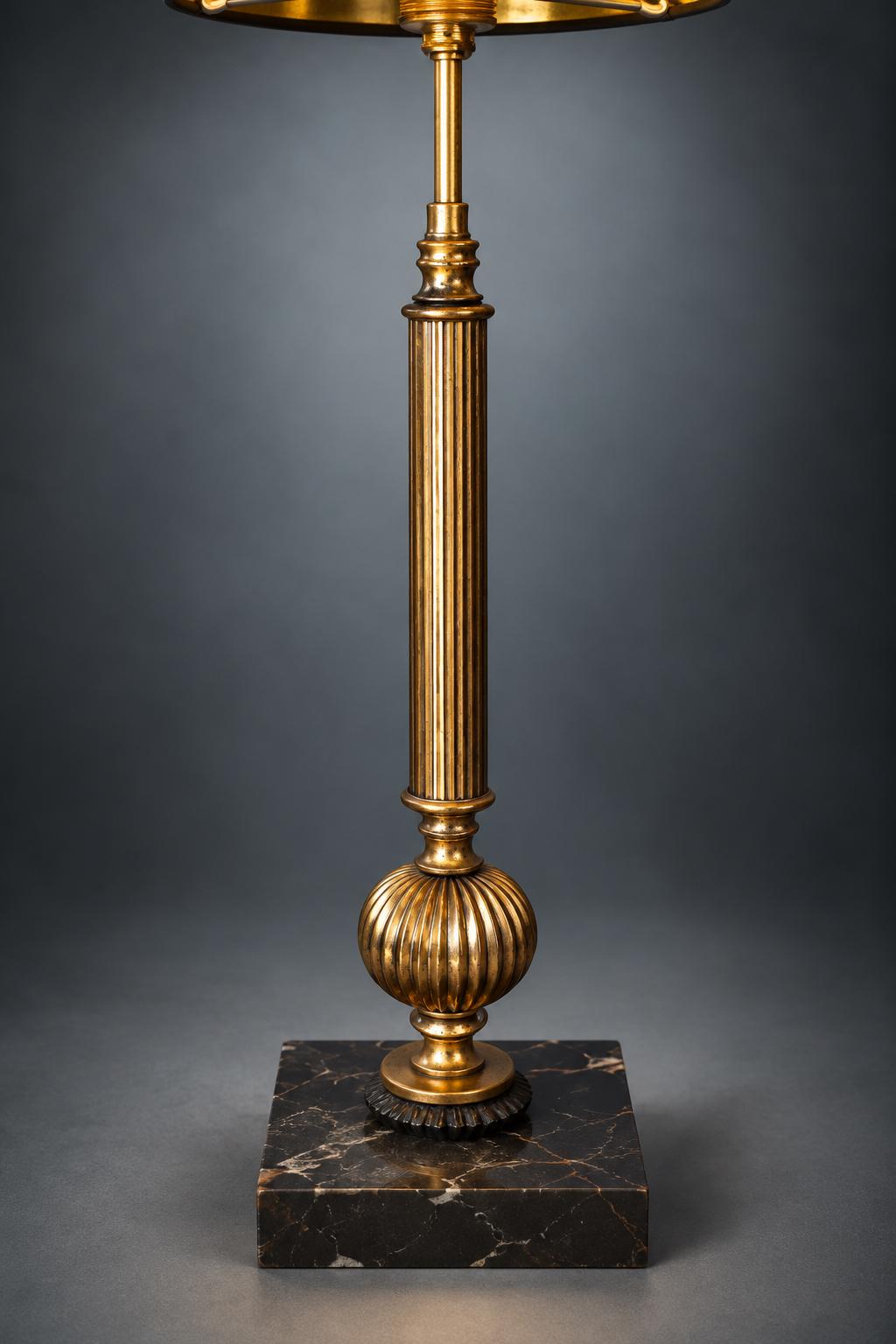 Fluted Gilt Metal Column Table Lamp on Dark Marble Base with Brown Fabric Shade