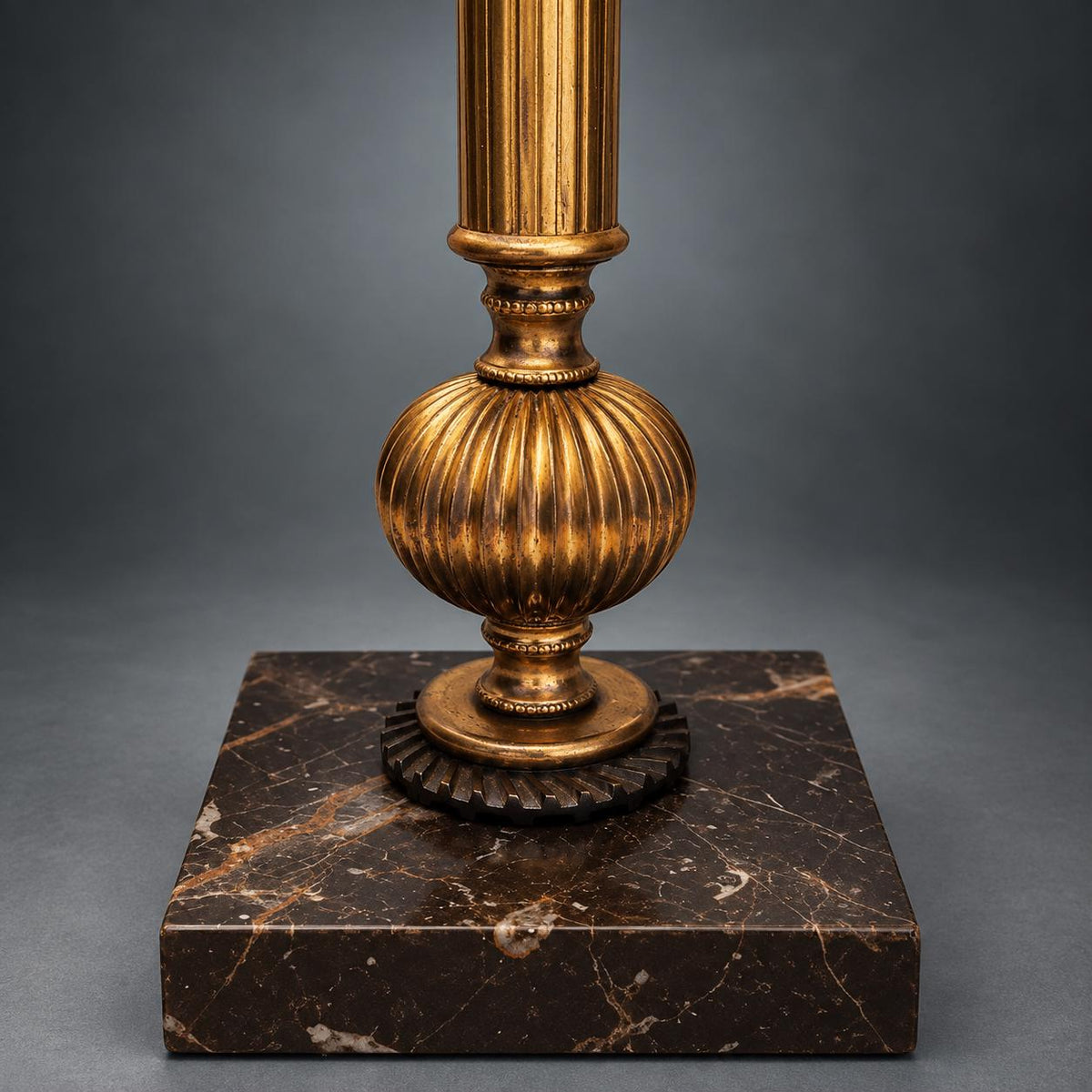 Fluted Gilt Metal Column Table Lamp on Dark Marble Base with Brown Fabric Shade