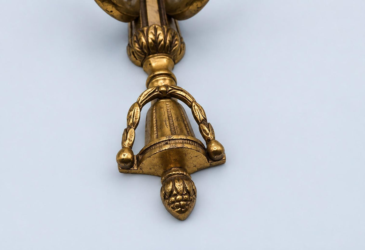 Vintage Pair of Louis XVI Style Gilt Metal Two-Arm Candle Wall Sconces with Urn Crest