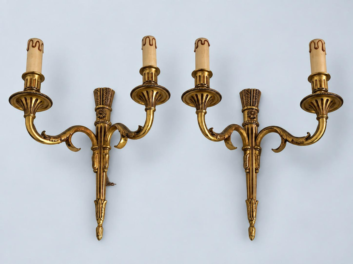 Vintage Pair of Louis XVI Style Gilt Metal Two-Arm Wall Sconces with Fluted Shaft and Rosettes