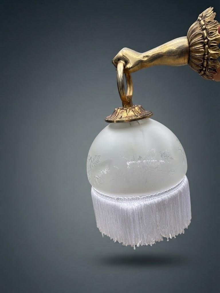 Brass Wall Lamp with Figural Hand Mount and Frosted Etched Glass Shade