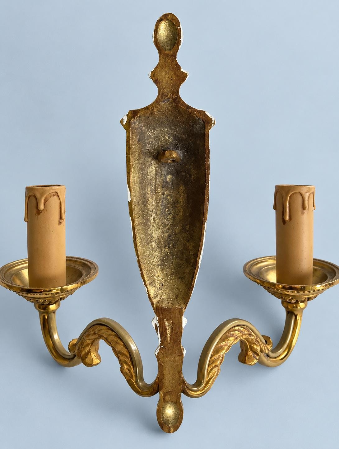 Vintage Pair of French Louis XVI Style Gilt Metal Two-Arm Wall Sconces with Fluted Urn Column