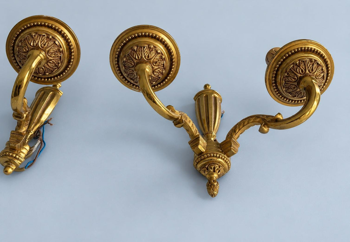 Vintage Pair of French Louis XVI Style Gilt Metal Two-Arm Wall Sconces with Fluted Urn Column