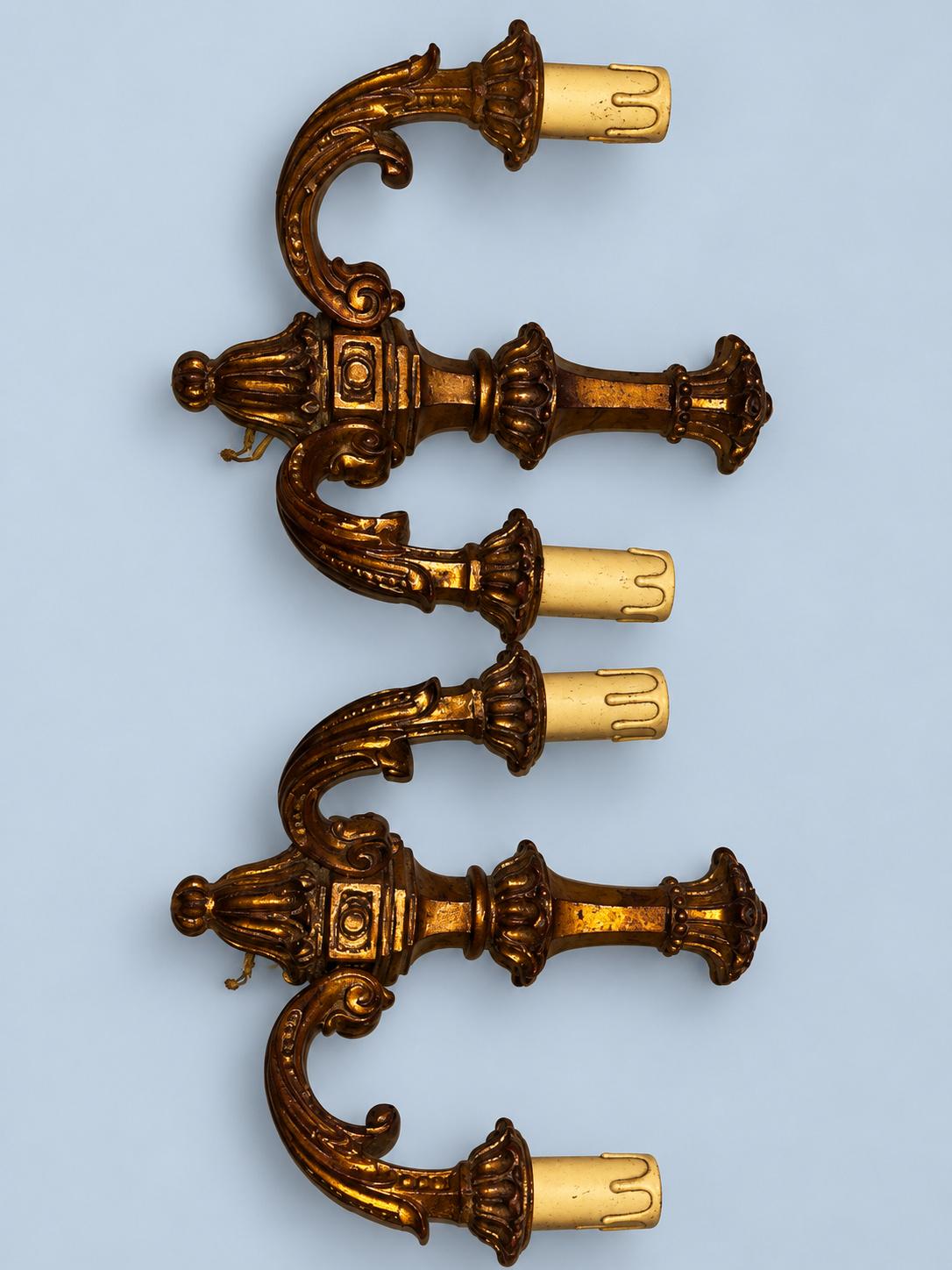 Vintage Pair of Classical Style Antique Gold Finish Two-Arm Wall Sconces with Acanthus Arms