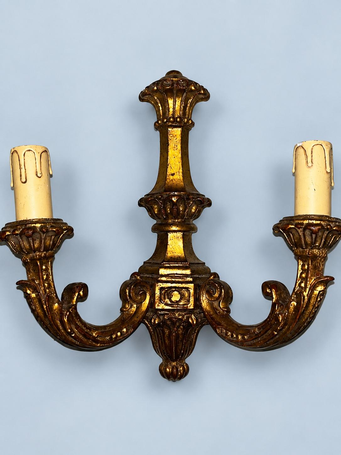 Vintage Pair of Classical Style Antique Gold Finish Two-Arm Wall Sconces with Acanthus Arms