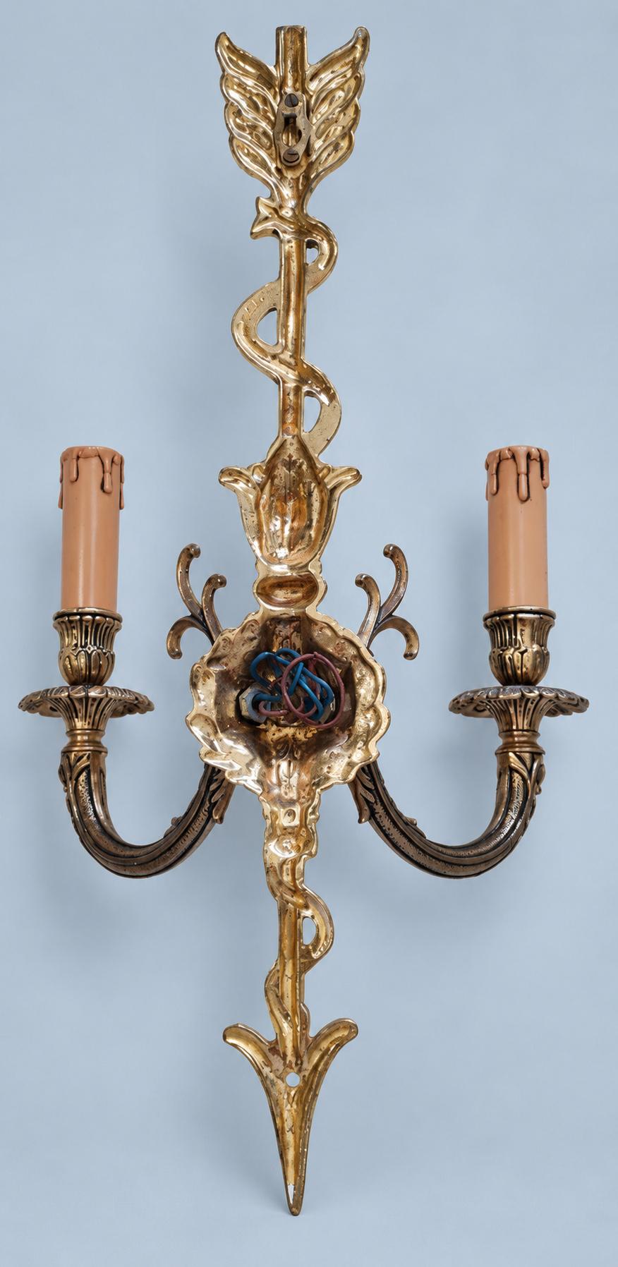 Vintage Pair of Louis XVI Style Gilt Metal Arrow and Ribbon Two-Arm Wall Sconces