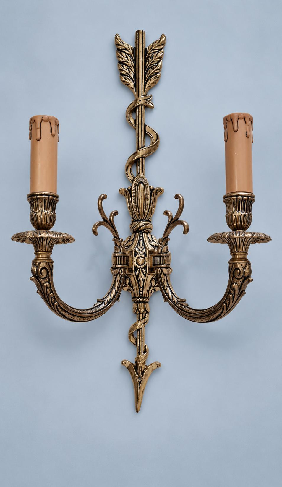 Vintage Pair of Louis XVI Style Gilt Metal Arrow and Ribbon Two-Arm Wall Sconces